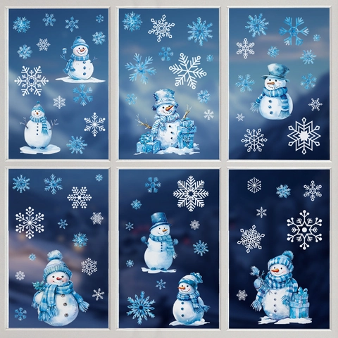 Pegatinas Estáticas para Ventanas de Navidad Dibujos Animados Muñeco de Nieve Copo de Nieve PVC Calcomanías Azul Blanco Decoración