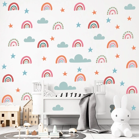 Adesivi Murali Arcobaleno Boho PVC Decalcomanie per Cameretta Bambini Decorazione Sole Nuvole Stelle Cuore Arte Murale
