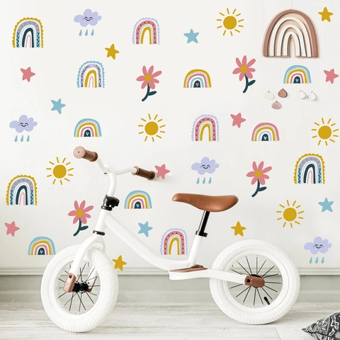 Adesivi Murali Arcobaleno Boho PVC Decalcomanie per Cameretta Bambini Decorazione Sole Nuvole Stelle Cuore Arte Murale