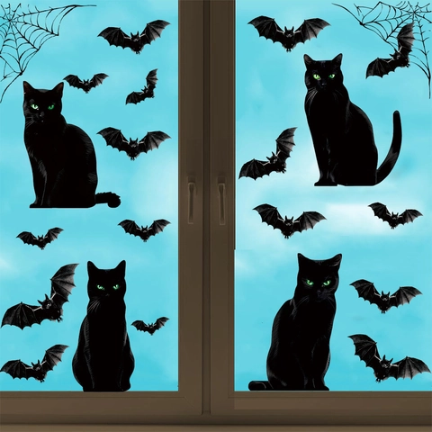Halloween Window Clings Black Cat Bats Spider Web PVC Wall Stickers Silhouette Decals For Party Home Window Decoration