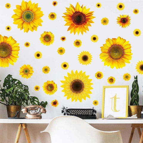 Sommer Sonnenblumen Fensteraufkleber Frische Gänseblümchen PVC Wandtattoos Für Schlafzimmer Wohnzimmer Haus Dekor Gelbe Blumen Dekoration