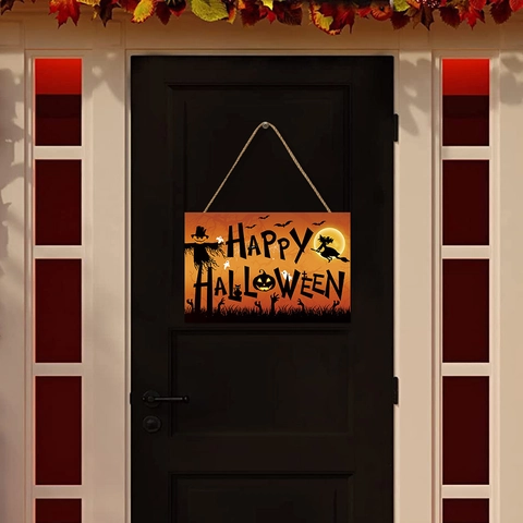 Halloween Wooden Hanging Sign Happy Halloween Pumpkin Scarecrow Witch Bat Wall Decor For Home Festive Party Wall Decoration