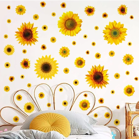 Sommer Sonnenblumen Fensteraufkleber Frische Gänseblümchen PVC Wandtattoos Für Schlafzimmer Wohnzimmer Haus Dekor Gelbe Blumen Dekoration