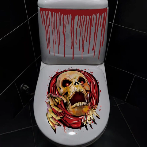 Sticker de Siège de Toilette d'Horreur Halloween 3D Taches de Sang Effrayantes Crâne Main de Zombie PVC Autoadhésif Décor