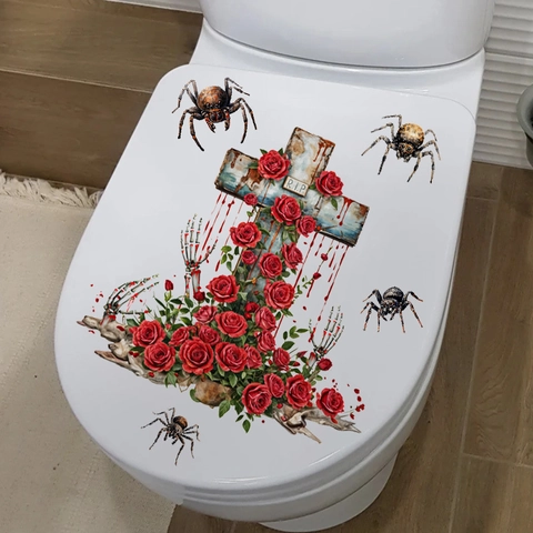 Adesivo per Gabinetto Horror di Halloween PVC Croce Gotica Rosa Rossa Ragno Pattern R.I.P Decorazione Parete Bagno Spaventosa
