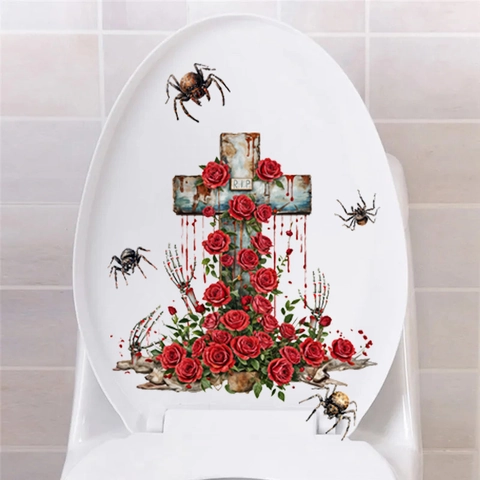 Adesivo per Gabinetto Horror di Halloween PVC Croce Gotica Rosa Rossa Ragno Pattern R.I.P Decorazione Parete Bagno Spaventosa