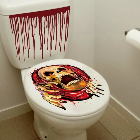 Sticker de Siège de Toilette d'Horreur Halloween 3D Taches de Sang Effrayantes Crâne Main de Zombie PVC Autoadhésif Décor