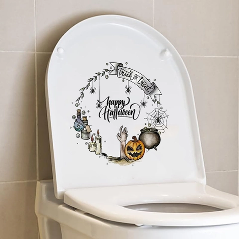 Halloween Toilet Seat Sticker PVC Spooky Wreath Design With Pumpkin Ghost Bat For Holiday Bathroom Window Wall Decor