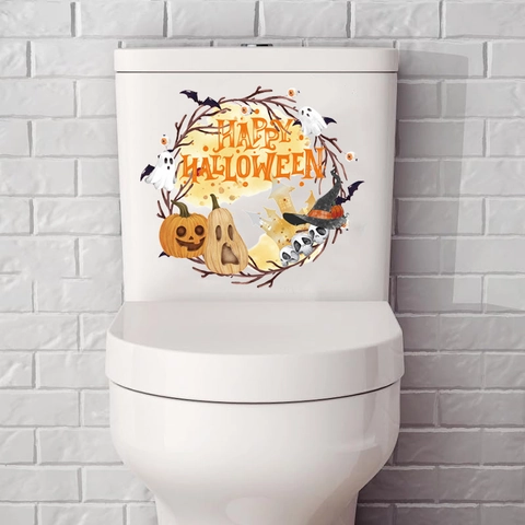 Halloween Toilet Seat Sticker PVC Spooky Wreath Design With Pumpkin Ghost Bat For Holiday Bathroom Window Wall Decor