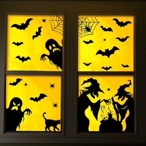 Halloween Fensterbilder Gruselige Hexe Geist Fledermaus Silhouette PVC Fensteraufkleber Für Zuhause Party Grusel Deko Aufkleber