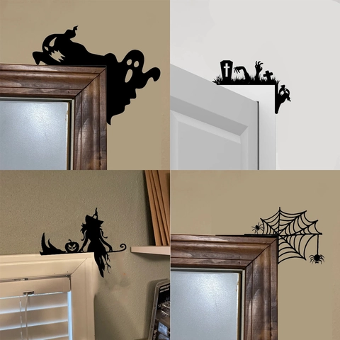 Halloween Corner Stickers PVC Silhouette Decor Door Frame Corner Art Ghost Witch Spider Web Grave Self Adhesive Wall Decals