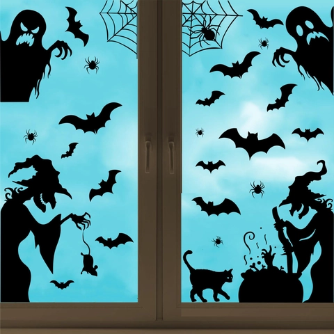 Halloween Fensterbilder Gruselige Hexe Geist Fledermaus Silhouette PVC Fensteraufkleber Für Zuhause Party Grusel Deko Aufkleber