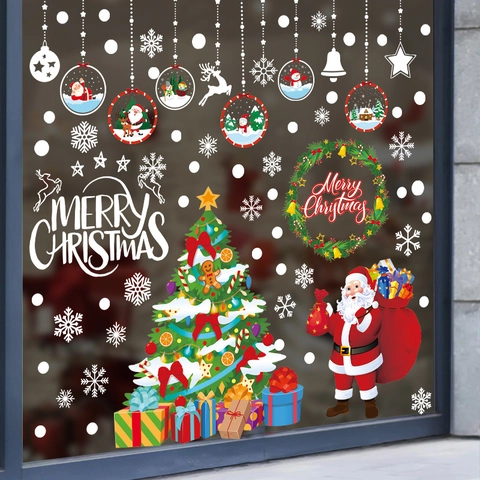 Weihnachten Fensteraufkleber PVC Statisch Haftende Decals Weihnachtsmann Weihnachtsbaum Schneeflocke Für Feiertag Wand Deko
