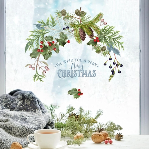 Christmas PVC Wall Decals Waterproof Festive Pine Wreath Squirrel Bird Patterns Home Decor Window Stickers Merry Christmas Festival Decor
