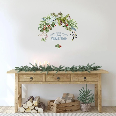 Christmas PVC Wall Decals Waterproof Festive Pine Wreath Squirrel Bird Patterns Home Decor Window Stickers Merry Christmas Festival Decor