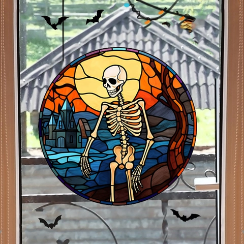 Adesivi per Finestre Halloween Stile Vetrata Gotica Zucca Strega Scheletro Castello Incantato Adesione Statica PVC Decalcomanie