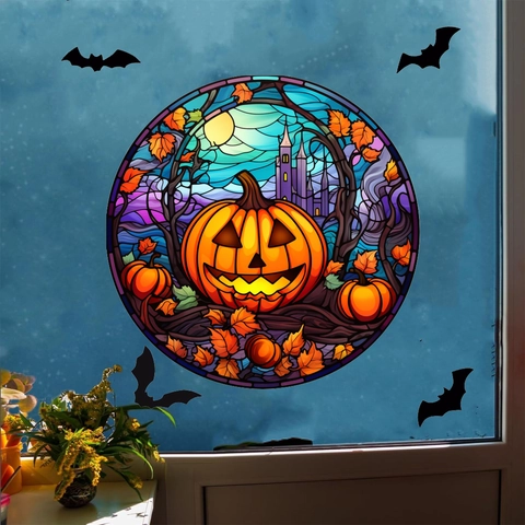Adesivi per Finestre Halloween Stile Vetrata Gotica Zucca Strega Scheletro Castello Incantato Adesione Statica PVC Decalcomanie