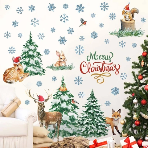 Vinilos de Pared de Animales de Navidad de Acuarela PVC Reno Zorro Ardilla Copo de Nieve Calcomanías para Decoración Hogar