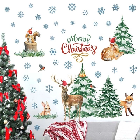 Vinilos de Pared de Animales de Navidad de Acuarela PVC Reno Zorro Ardilla Copo de Nieve Calcomanías para Decoración Hogar