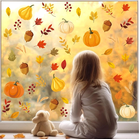 Pegatinas de Ventana de Calabaza y Hoja de Otoño para Decoración de Acción de Gracias Halloween Adhesivos de PVC para Vidrio