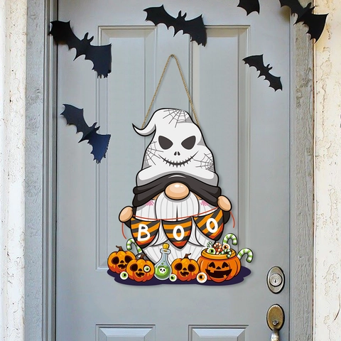 Halloween Holz Gnom Wandbehang Schild Geist Kürbis Boo Plakette Party Haus Tür Wand Deko Pappelholz Festliches Ornament