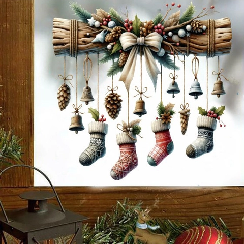 Weihnachten Wandaufkleber PVC Fensterbilder Festlich Socken Glocke Tannenzapfen Muster Hausdekor Weihnachten Fensteraufkleber