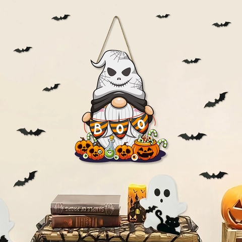 Halloween Holz Gnom Wandbehang Schild Geist Kürbis Boo Plakette Party Haus Tür Wand Deko Pappelholz Festliches Ornament