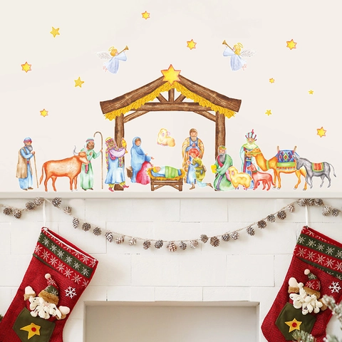 Pegatina de Pared de Navidad Escena del Nacimiento Acuarela Religiosa Jesús Nacimiento Decoración PVC DIY Adhesivos Ventana