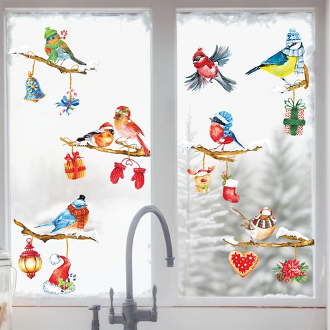 Festliche Weihnachten Fensteraufkleber Winter Vögel Zweig PVC Wandtattoo Für Feiertag Party Haus Kühlschrank Glas Dekoration
