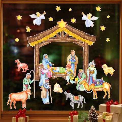 Pegatina de Pared de Navidad Escena del Nacimiento Acuarela Religiosa Jesús Nacimiento Decoración PVC DIY Adhesivos Ventana