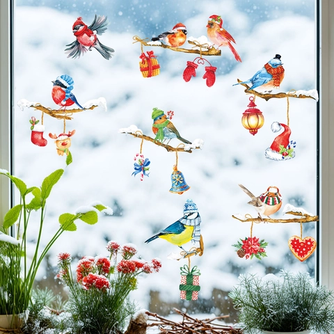 Festliche Weihnachten Fensteraufkleber Winter Vögel Zweig PVC Wandtattoo Für Feiertag Party Haus Kühlschrank Glas Dekoration