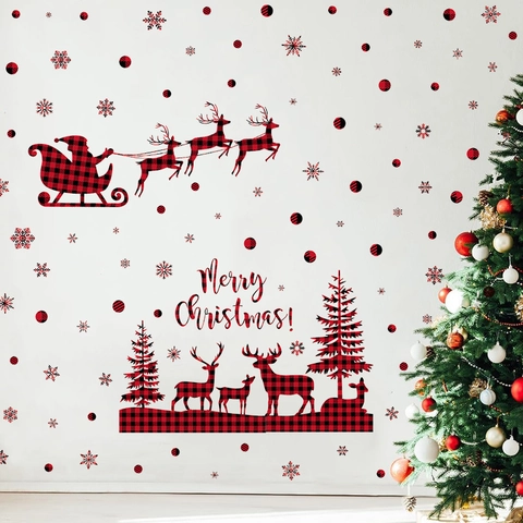 Christmas Buffalo Plaid Wall Stickers Red Reindeer Santa Claus Snowflake Decals Festive Holiday Home Decor PVC Sticker Set