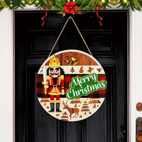 Christmas Nutcracker Wooden Door Sign Welcome Plaid Round Wall Hanging For Home Festive Front Door Decoration Wall Decor