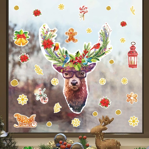 Vinilo Decorativo Alce de Navidad Con Gafas Copo de Nieve Hombre de Jengibre PVC Autoadhesivo Para Decoración de Ventana