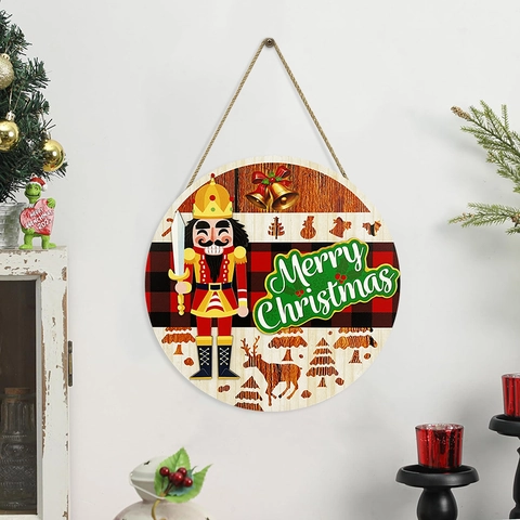 Christmas Nutcracker Wooden Door Sign Welcome Plaid Round Wall Hanging For Home Festive Front Door Decoration Wall Decor