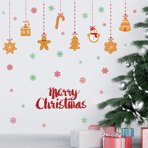 Weihnachten Lebkuchenhaus Wandaufkleber PVC Bedruckt Schneeflocke Zuckerstange Cartoon Fensteraufkleber Für Urlaub Dekoration