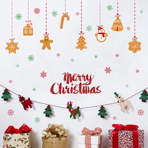 Weihnachten Lebkuchenhaus Wandaufkleber PVC Bedruckt Schneeflocke Zuckerstange Cartoon Fensteraufkleber Für Urlaub Dekoration