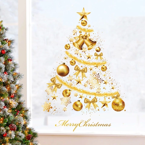 Pegatina de Pared de Árbol de Navidad Dorado PVC Autoadhesiva Copo de Nieve Campana Pegatinas de Ventana Decoración Navideña