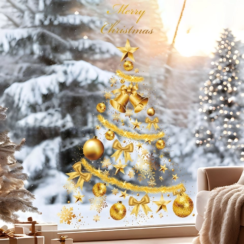 Pegatina de Pared de Árbol de Navidad Dorado PVC Autoadhesiva Copo de Nieve Campana Pegatinas de Ventana Decoración Navideña