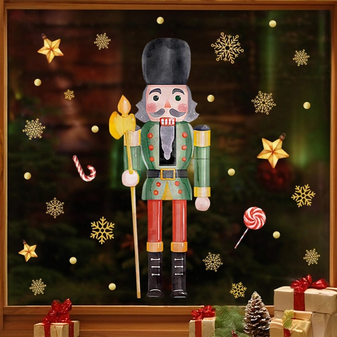 Watercolor Nutcracker Soldier Wall Sticker Christmas Snowflake Star Refrigerator Decal PVC Window Sticker Holiday Home Decoration