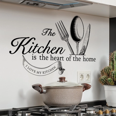 Adesivo Murale Con Citazione The Kitchen Is The Heart Of The Home in PVC Con Motivo Posate Murale DIY per Arredo Cucina
