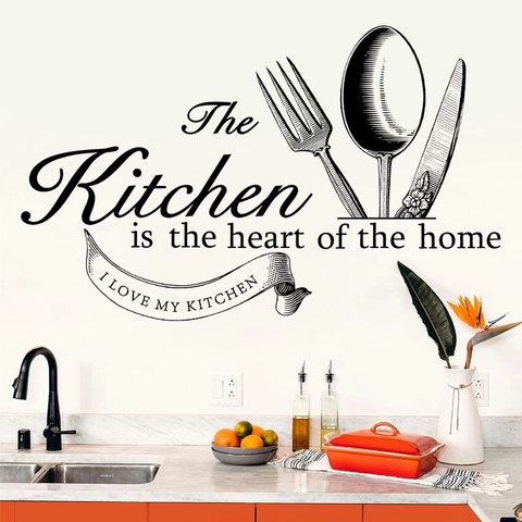 Adesivo Murale Con Citazione The Kitchen Is The Heart Of The Home in PVC Con Motivo Posate Murale DIY per Arredo Cucina
