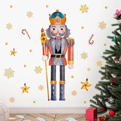 Watercolor Nutcracker Soldier Wall Sticker Christmas Snowflake Star Refrigerator Decal PVC Window Sticker Holiday Home Decoration
