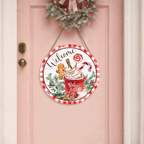 Cartello di Benvenuto in Legno di Natale Omino di Pan di Zenzero Renna Rotondo Decorazione da Parete Rustica per Festa Invernale