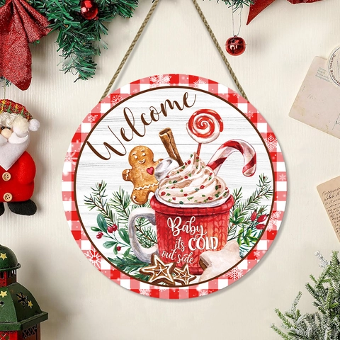 Cartello di Benvenuto in Legno di Natale Omino di Pan di Zenzero Renna Rotondo Decorazione da Parete Rustica per Festa Invernale