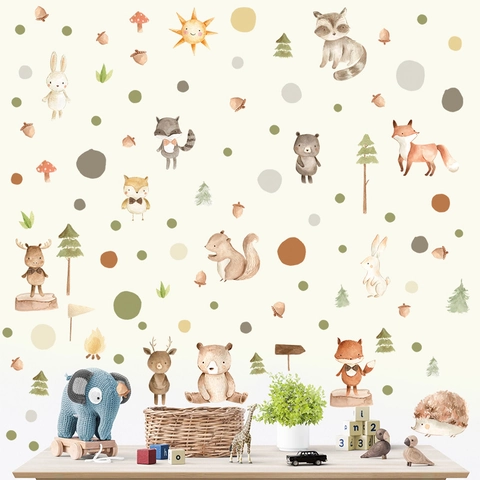 Pegatinas de Pared de Animales del Bosque de Acuarela PVC Dibujos Animados Zorro Oso Conejo Calcomanías para Habitación Infantil