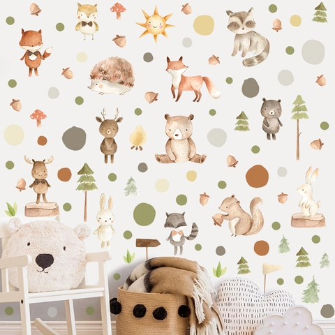 Pegatinas de Pared de Animales del Bosque de Acuarela PVC Dibujos Animados Zorro Oso Conejo Calcomanías para Habitación Infantil