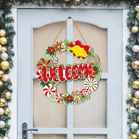 Letrero de Bienvenida de Navidad de Madera Redondo para Puerta Con Caramelo Piruleta Campana Lazo Madera de Álamo Decoración de Pared Hogar