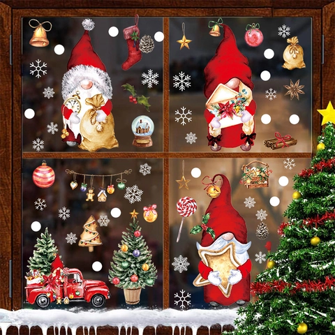 Weihnachtswichtel Fensteraufkleber PVC Statische Haftung Roter LKW Schneeflocke Xmas Glasaufkleber Für Haus Festliche Party Deko