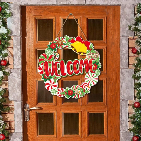 Letrero de Bienvenida de Navidad de Madera Redondo para Puerta Con Caramelo Piruleta Campana Lazo Madera de Álamo Decoración de Pared Hogar